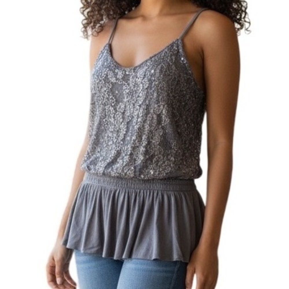 EXPRESS Gray Sequin‎ and Lace Peplum Cami Tank Top Size Small
